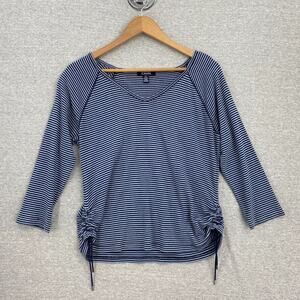 Chaps Top Womens Large Blue Striped Raglan Long Sleeves Ruched Sides VNeck